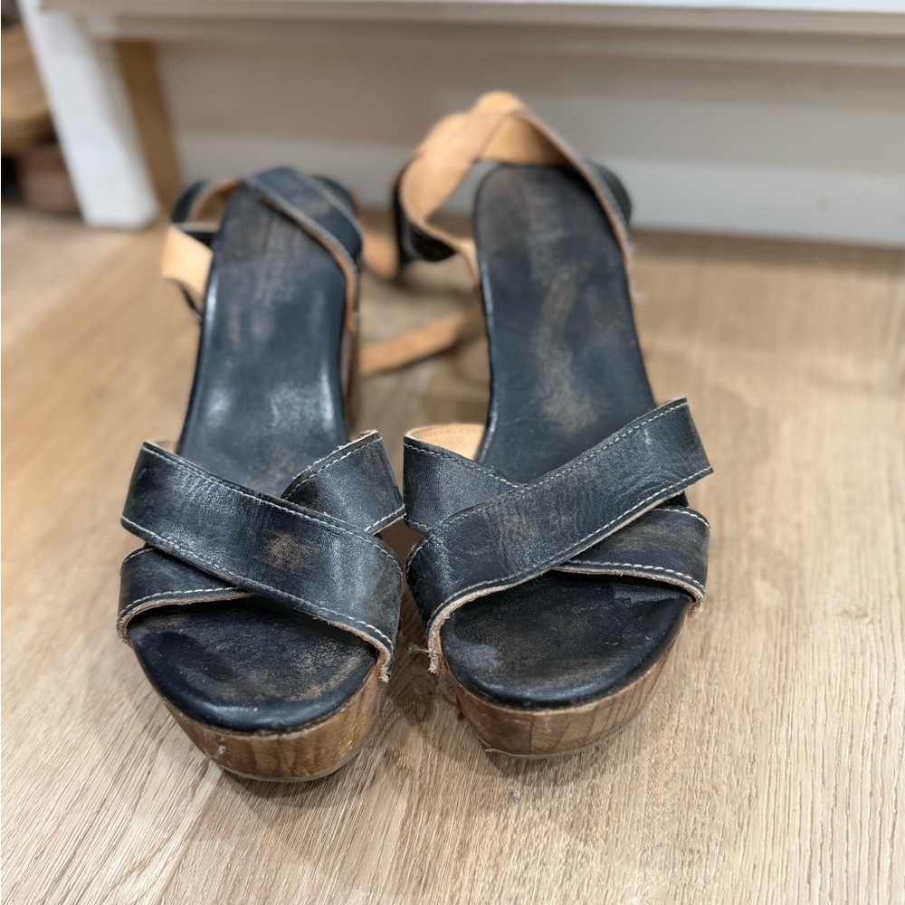 Bed Stu Black and Tan Wedge Sandals